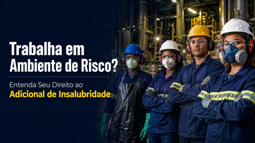 Trabalhadores usando EPIs em ambiente industrial de risco, com destaque para o direito ao adicional de insalubridade.